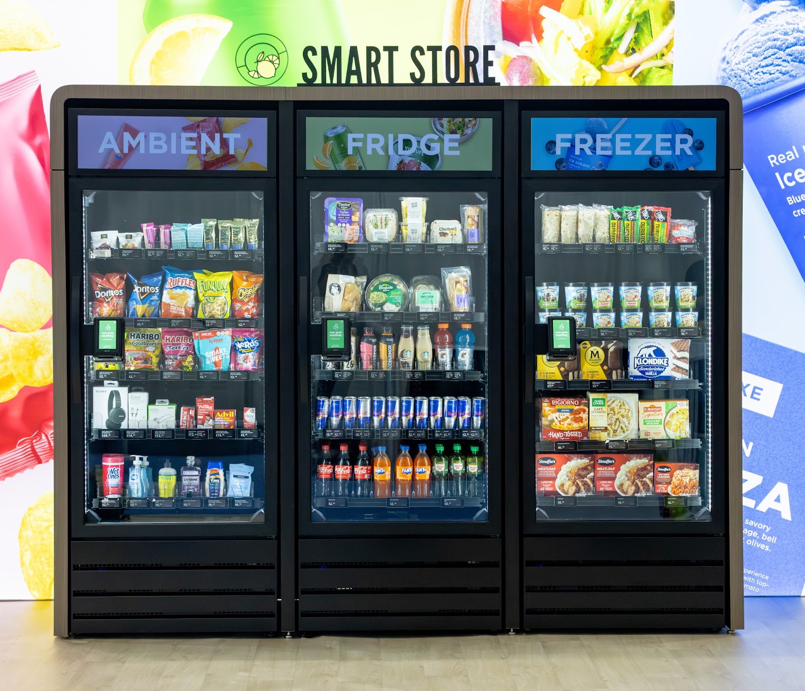 Micromart pantry, fridge and freezer smart cabinets together, stocked with snacks, drinks and frozen foods